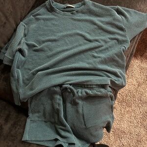 Zenana Outfitters Teal Ribbed Knit Jumpsuit